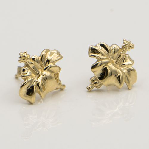 14K Yellow Gold Hawaiian Hibiscus Flower Stud Earrings – Push Back, 14mm