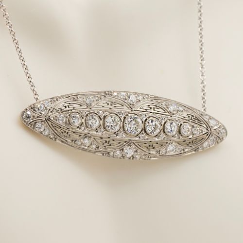 Platinum Edwardian Diamond Pendant Belle Époque Necklace with Chain 2.2ct.