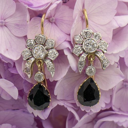 Estate 14k Gold Sapphire and Diamond Flower Design Earrings