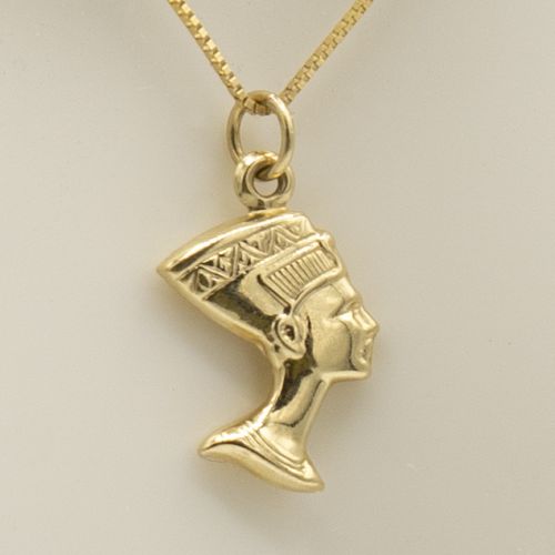 14k Solid Yellow Gold Nefertiti Charm (marked as 14k) with history-inspired designs