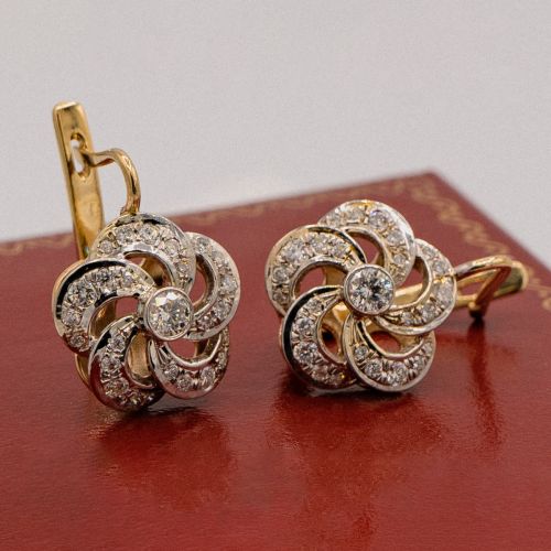 Swirl flower design 14k yellow and white gold earrings