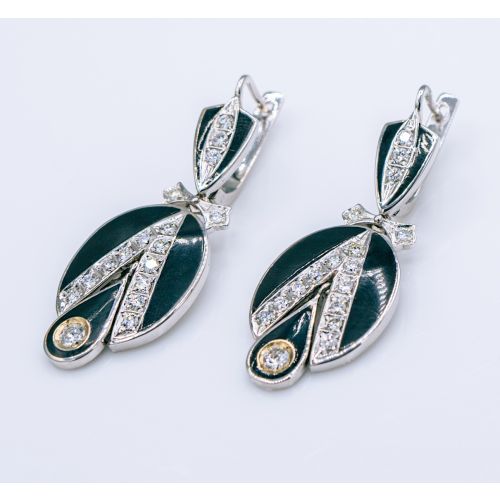 Contemporary 14K White Gold Diamond & Onyx Inlay Earrings