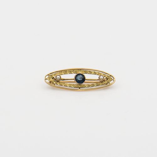 10K Yellow Gold Edwardian Blue Sapphire & Seed Pearl Brooch