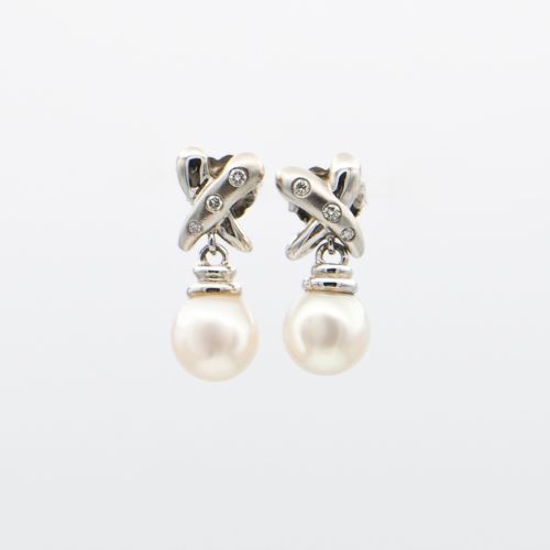 Albert David 14K White Gold Diamond & Akoya Pearl Earrings