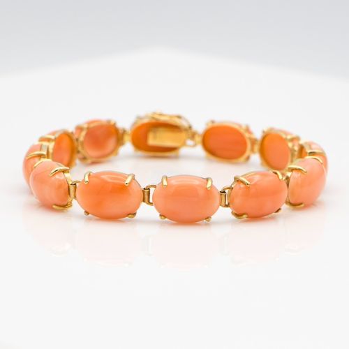 Elegant 14K Gold Coral Tennis Bracelet – Natural Oval Corals, 7 Inch