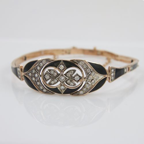 Unique 14K Gold Bracelet with Diamonds, inlay Onyx