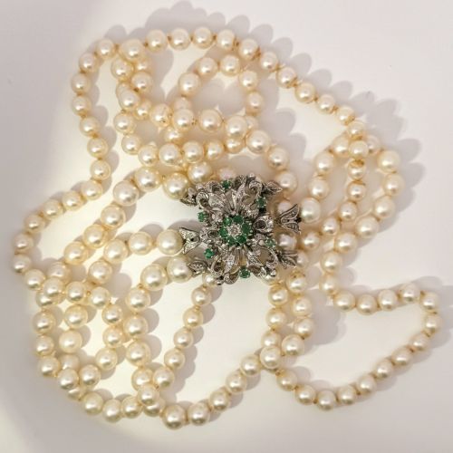 18K White Gold Diamond, Emeralds, Akoya Pearls Choker - 14 inches