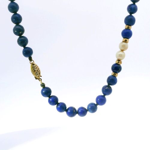 1960s 14K Yellow Gold Lapis Lazuli & Pearl Necklace