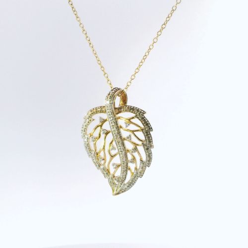 Sterling Silver 925 Gold Plated Leaf Pendant with Diamond Accent - Includes Chain