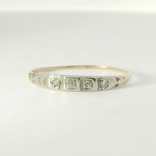 Delicate 10K Gold Diamond Ring, Two Tone Vintage Band with 5 Single Cut Diamonds