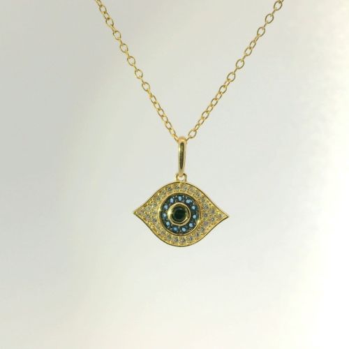 14K Yellow Gold Multicolor Cubic Zirconia Evil Eye Pendant Charm