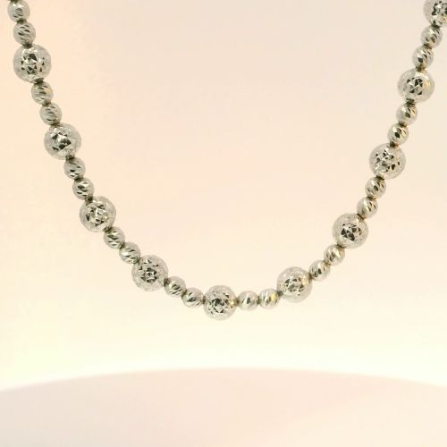 18K White Gold Moon Cut Bead Necklace 16 Inches + 3” Extension 11.45g