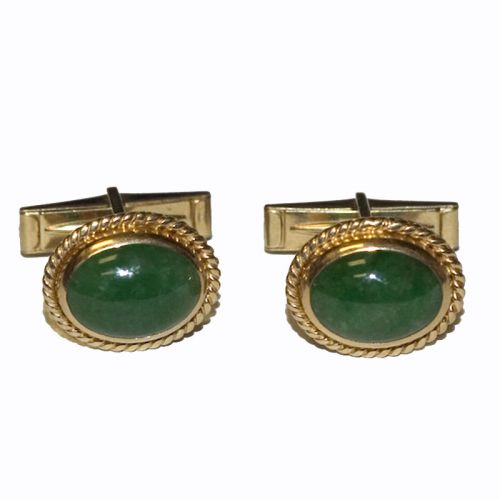 Beautiful Vintage 14k Gold Green Jade Cufflinks C1960's
