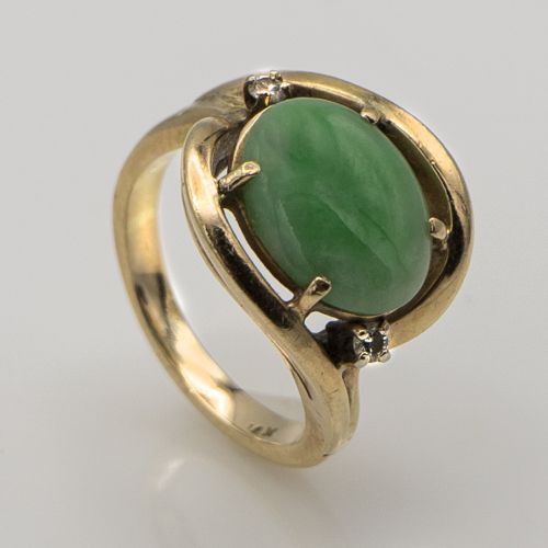 By-pass 14K Yellow Gold Ring with Jade and 2 Diamonds
