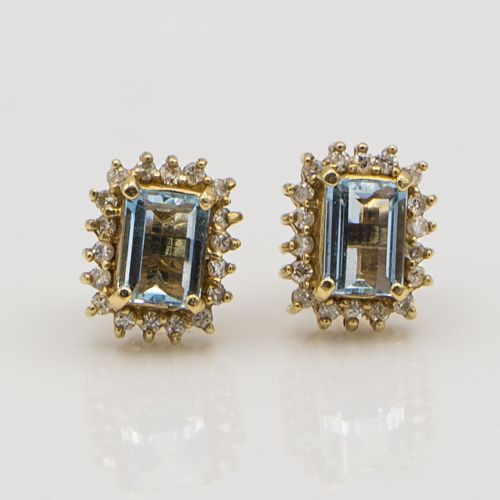 Estate 14k Gold Aquamarine and Diamond Earrings