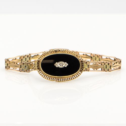 Fancy Onyx and Diamond 14k Gold Filigree Bracelet
