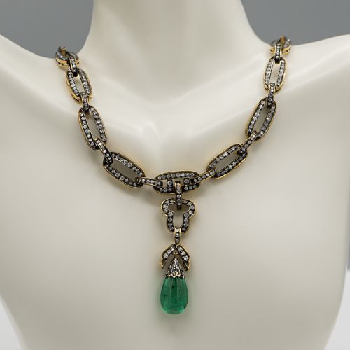 Antique Necklace with Emerald Drop and Diamonds