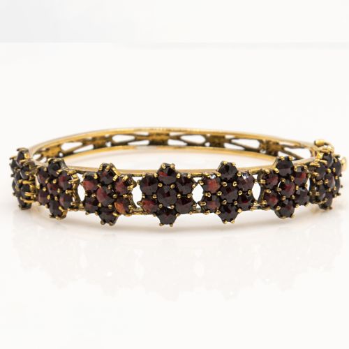Antique Bohemian Garnet Floral Design 14k Gold Bangle Bracelet