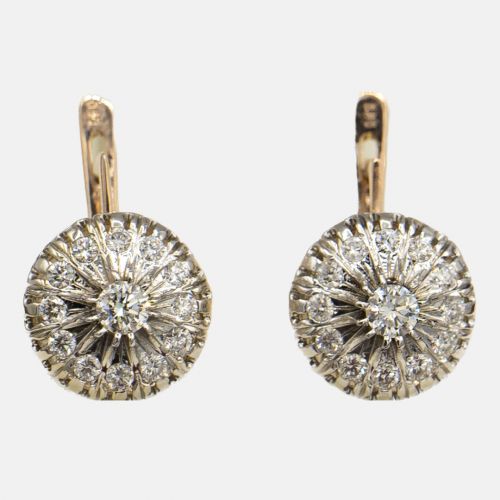 Cluster diamond earrings 14k yellow and white gold with 26 diamonds 