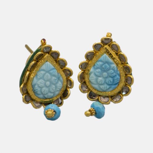Vintage Carved Turquoise 22K Gold Earrings