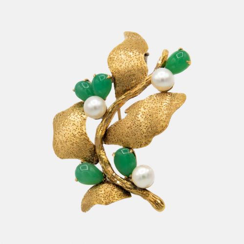 Estate Jade and Pearl Gold Brooch