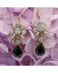 Estate 14k Gold Sapphire and Diamond Flower Design Earrings