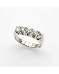 Front view of 18K white gold diamond wedding ring with five round-cut diamonds