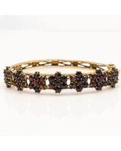 Antique Bohemian Garnet Floral Design 14k Gold Bangle Bracelet
