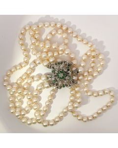 18K White Gold Diamond, Emeralds, Akoya Pearls Choker - 14 inches