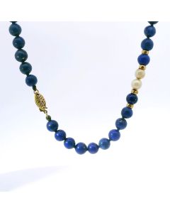 1960s 14K Yellow Gold Lapis Lazuli & Pearl Necklace